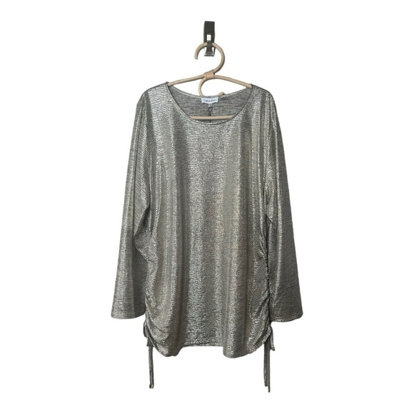 Calvin Klein Metallic Ruched Drawstring Top 3X Gold Shimmer Long Sleeve Stretchy - Picture 3 of 15